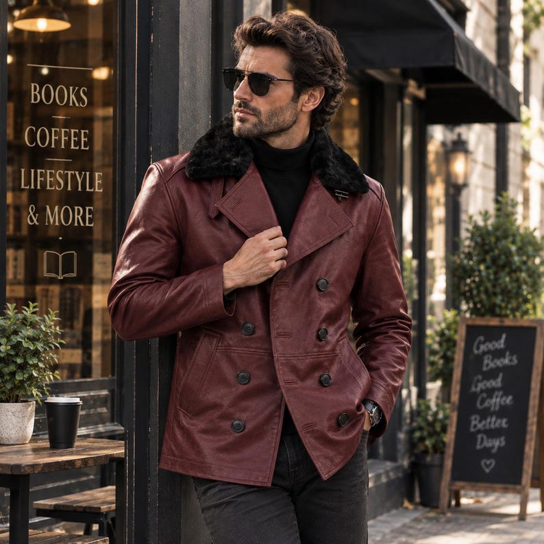 May include: A double-breasted burgundy leather jacket featuring a black faux fur collar, long sleeves, and dark buttons. The jacket is worn over a black turtleneck sweater, paired with dark trousers and black sunglasses.