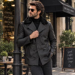 May include: A black double-breasted leather jacket featuring a wide notched collar with a black faux fur trim, long sleeves, and six front buttons. The jacket is worn over a black turtleneck sweater and paired with dark gray denim jeans.