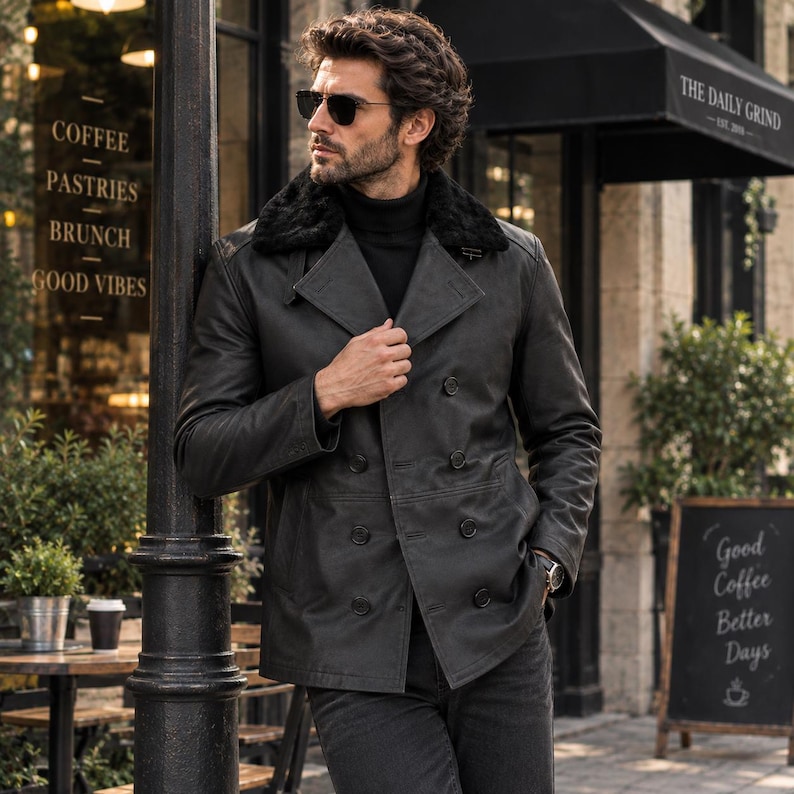 May include: A black double-breasted leather jacket featuring a wide notched collar with a black faux fur trim, long sleeves, and six front buttons. The jacket is worn over a black turtleneck sweater and paired with dark gray denim jeans.