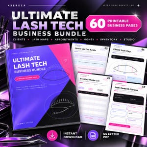 Op de afbeelding: Een digitaal printbaar zakelijk pakket voor wimperstylisten met 60 pagina's. De omslag toont de tekst Ultimate Lash Tech Business Bundle met oogillustraties. Bijgevoegde pagina's tonen een inventarislijst en een contentplanner.
