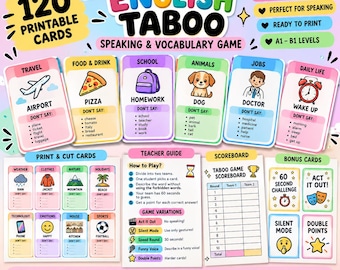 Peut inclure: Un ensemble de 120 cartes de jeu Taboo imprimables pour le vocabulaire anglais. La collection comprend des cartes de catégories comme Voyage, Nourriture, École, Animaux, Métiers et Vie quotidienne, avec un guide, un tableau de score et des bonus.