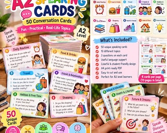 Könnte beinhalten: Ein Set aus 50 A2-Gesprächskarten für Konversationsübungen zu 10 Themen wie Tagesablauf, Essen, Reisen und Hobbys. Jede Karte enthält drei Fragen und farbenfrohe Illustrationen. Das Set wird als druckfertige A4-PDF-Datei bereitgestellt.