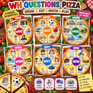May include: A set of six educational pizza-themed activity sheets featuring WH questions including Who, What, Where, When, Why, and How. Each pizza slice contains a colorful image and a corresponding question to encourage speech and language practice.