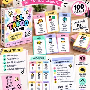 Könnte beinhalten: Ein ESL Taboo-Spielset mit 100 druckbaren Karten, bunten Illustrationen und Wortlisten. Das Spiel enthält Anleitungen, Beispielseiten und ein Schachteldesign. Der Text umfasst ESL Taboo Game, Say it without saying it und 100 cards.