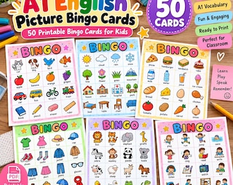 Könnte beinhalten: Ein Set aus 50 druckbaren A1-Englisch-Bildbingokarten für Kinder mit farbenfrohen Illustrationen von Tieren, Lebensmitteln, Kleidung und täglichen Aktivitäten. Jede Karte enthält ein Raster mit beschrifteten Bildern und dem Wort BINGO.