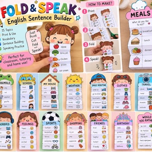 以下が含まれることがあります： Fold & Speak英語文章作成キット。印刷可能なペーパークラフトで、動物、学校、天気、趣味、日課などのトピックに関するイラストと語彙が記載された15種類の蛇腹折りカードが含まれています。