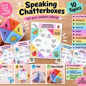 May include: A set of 10 printable paper fortune tellers titled Speaking Chatterboxes, featuring colorful designs and prompts for students. The kit includes instructions to print, cut, and fold the paper into interactive games for speaking practice.