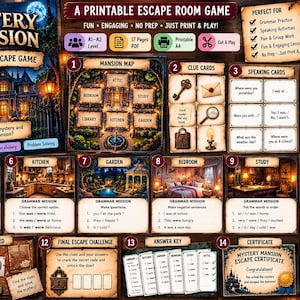 Peut inclure: Un jeu d'évasion imprimable intitulé Mystery Mansion Grammar Escape Game, comprenant une carte du manoir, des cartes indices, des cartes de conversation, des cartes défis, des missions de grammaire, un tableau d'indices, une clé et un certificat.