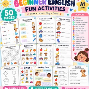 Könnte beinhalten: Ein 50-seitiges Lernheft mit dem Titel Beginner English Fun Activities A1 Level. Die Seiten enthalten farbenfrohe Illustrationen und Übungen wie Zuordnungsaufgaben, Worträtsel, Lückentexte, Suchspiele, das Finden von Unterschieden, Ergänzungsaufgaben, Nachspuren, Ausmalbilder, Bingo, Sprechkarten, Richtig-oder-Falsch-Fragen sowie Leseübungen.