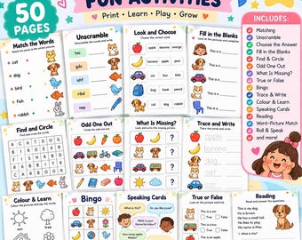 Puede incluir: Un libro de actividades educativas de 50 páginas titulado Beginner English Fun Activities A1 Level. Las páginas incluyen ilustraciones coloridas y ejercicios como emparejar, descifrar palabras, rellenar huecos, buscar y rodear, encontrar el intruso, completar, trazar, colorear, bingo, tarjetas de conversación, verdadero o falso y lectura.