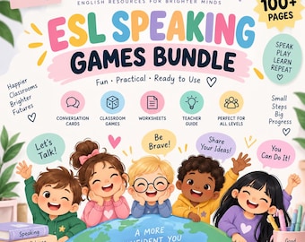 Könnte beinhalten: Ein digitales ESL-Sprechspiel-Paket mit einer farbenfrohen Illustration von fünf verschiedenen Kindern hinter einem Globus. Der Text enthält LunaLearn, ESL Speaking Games Bundle, 100+ Pages und motivierende Sätze wie Be Brave und Let's Talk.