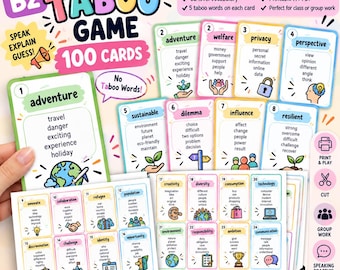 Könnte beinhalten: Ein B2 Taboo-Spielset mit 100 farbigen Karten, die Vokabeln und fünf Tabu-Wörter pro Karte enthalten. Die Karten zeigen Illustrationen und Text für Sprechübungen. Das Set ist für den Ausdruck als A4-PDF für Gruppenarbeiten konzipiert.