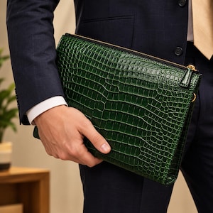 May include: A rectangular dark green clutch bag featuring a textured crocodile skin pattern. The accessory includes a black zipper closure along the top edge with gold-toned hardware accents, providing a structured and polished appearance.