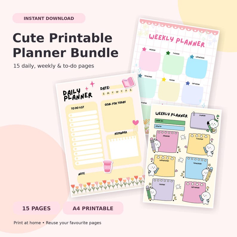 Printable Daily & Weekly Planner Bundle | 15 A4 Pages | Pastel PDF ...