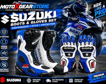 Ensemble bottes et gants de course Suzuki GSX | Équipement de moto en cuir véritable fait main