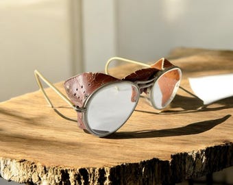 Vintage Antique Safety Glasses -Vintage Steampunk Goggles - Leather Sides  -  Real Glass Safety Glasses