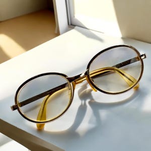 May include: Gold-rimmed round eyeglasses with yellow plastic arms. The glasses have a clear lens and are made in Germany.