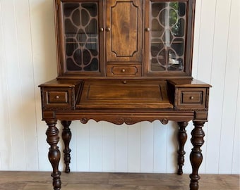 Antique Wood Secretary Desk with Hutch Bookcase Cabinet Curio Storage