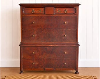 Vintage Tall Dresser With Hand Painted Florals | Chest of Drawers
