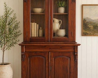 SHIPS FREE Antique Wood Cabinet Sideboard | Display Hutch | Farmhouse Storage Cabinet | Primitive Cupboard