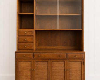 Midcentury Wood Cabinet Hutch | Wood and Cane Sideboard | Bookshelf Pantry Storage