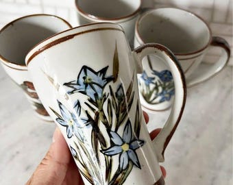 4 Vintage Japanese Stoneware Mugs with Handpainted Florals