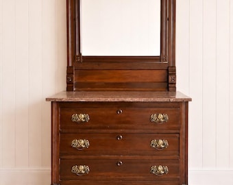 Antique Eastlake Marble Top Dresser with Mirror | Chest of Drawers | Vanity | Antique Bedroom Furniture