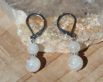 Genuine White Rainbow Moonstone Beaded Earrings with Sterling Silver Accent, Stainless Steel Lever Back, Round Gemstone, Grade A+ Gems