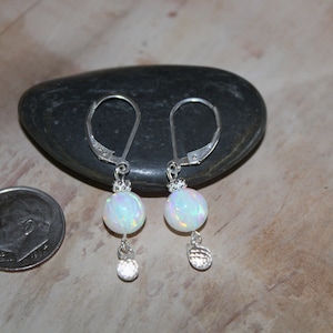 Genuine Opal Drop Earrings, White Opal, Lab Created, Quartz Crystal Briolett, .925 Sterling Silver Lever back October Birthstone