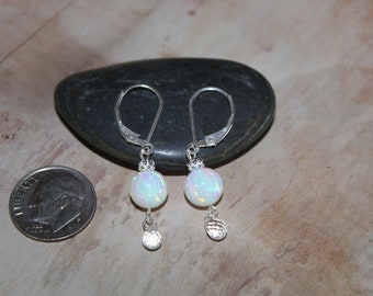 Genuine Opal Drop Earrings, White Opal, Lab Created, Quartz Crystal Briolett, .925 Sterling Silver Lever back October Birthstone