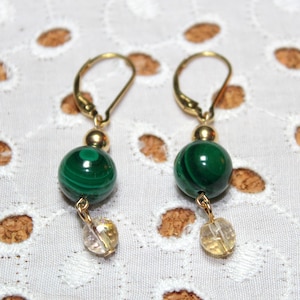 AAA Malachite & Citrine Dangle Drop Earrings, 1.77&quot; Long, Gold, Polished Gemstone, Faceted Citrine, Release Negative Experiences, Joy