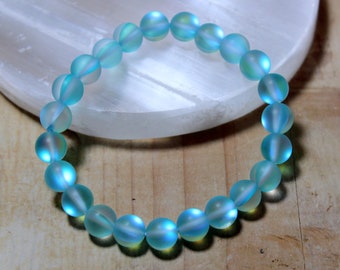 Glowing Mermaid Glass, Blue, Aqua, Shimmer, Bracelet, Mermaid Glass, Iridescent Bracelet, Custom Size, Stretch Bracelet