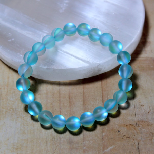 Glowing Mermaid Glass, Blue, Aqua, Shimmer, Bracelet, Mermaid Glass, Iridescent Bracelet, Custom Size, Stretch Bracelet