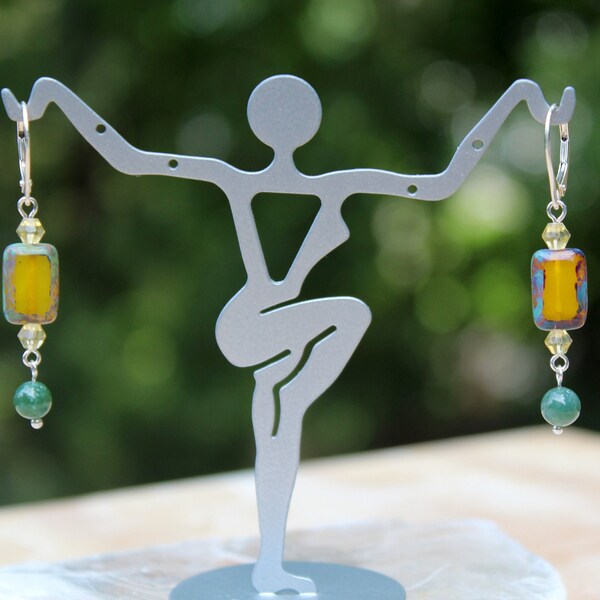 Window Glass, Jasper, Crystal, .925 Sterling Silver Lever back Earrings, Green Jasper Hang 1.97" from the top of the Lever Back