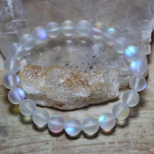 White, Iridescent Rainbow, Aura Mermaid Glass, Matt, Shimmer Bracelet, Mermaid Glass, Iridescent Bracelet, Custom Size, Stretch Bracelet