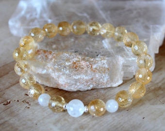 Pulsera de citrino facetado con piedra lunar arcoíris, plata de ley, 18 cm