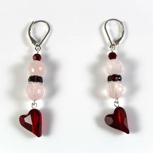 Faceted Rose Quartz Gemstone Dangle Drop Earrings Red Swarovski Crystals Stone of the Heart, Unconditional Love, Compassion, Peace