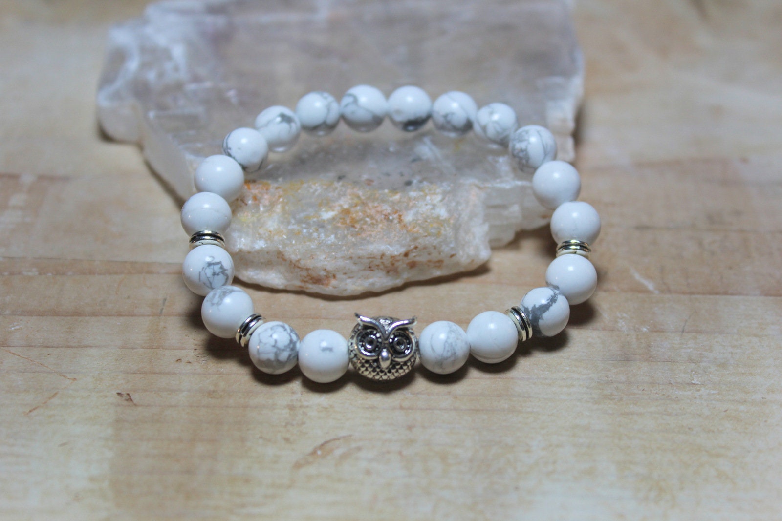 Howlite Gemstone Bracelet, Silver Owl Charm, Calming White Stone