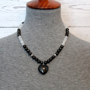 Shungite and Selenite Satin Spar, Heart Pendant, and Necklace, Sterling Silver Accent, Healing, Protective, Balancing Energy, Calming