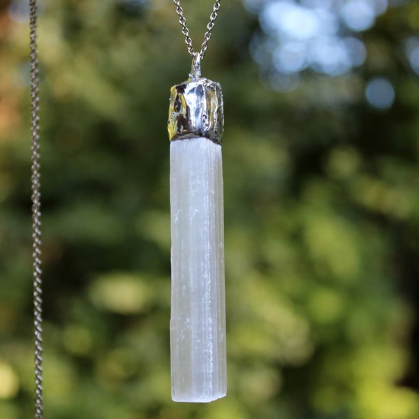 Selenite, Satin Spar, Raw Natural Long Pendant or Pendulum, Capped and Hangs on a 24" Antique Style Chain, High Vibration & Protection