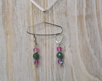 Mermaid Glass Earrings, Green Aventurine and Matt Pink Color Earrings, Sterling Silver, Lever back Ear Wire