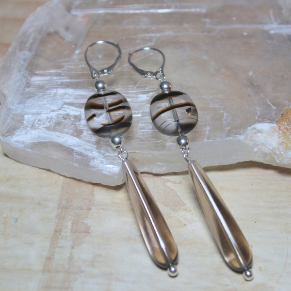 Teardrop Smoky Quartz and Window Glass Zebra Print Design Earrings .925 Sterling Silver Lever Back Ear Wire Hang 3" Long