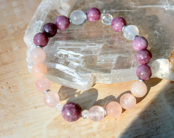 Morganite Beaded Bracelet Set Rose Quartz Pendant