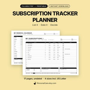 Pode incluir: Um planejador digital de rastreamento de assinaturas com texto preto em páginas brancas. O layout inclui seções para calendários de renovação, listas de assinaturas, custos, datas e notas. O texto inclui "SUBSCRIPTION TRACKER PLANNER" e "MY SUBSCRIPTIONS 1".