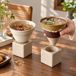 May include: Two conical ceramic cups filled with iced beverages, each resting on a solid, light beige cube-shaped base. One cup is cream-coloured with subtle horizontal lines, while the other features a brown and tan gradient with a rosemary sprig.
