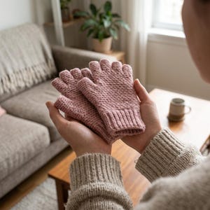 May include: A pair of dusty rose fingerless gloves featuring a textured knit pattern and ribbed cuffs. The gloves are crafted from a soft, thick yarn and are designed to cover the palm and fingers while leaving the fingertips exposed for dexterity.