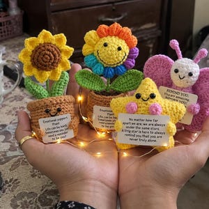 May include: Four crocheted figures including a sunflower in a brown pot, a rainbow flower with a smiley face in a brown pot, a yellow star with a smiley face, and a pink butterfly. Each figure holds a small white card with printed text.