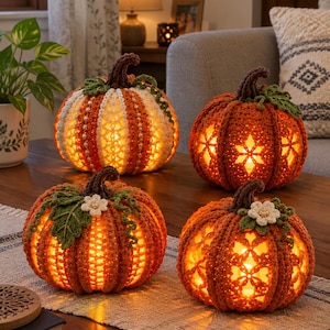 May include: Four crocheted pumpkins in shades of orange and white, each featuring a brown stem and internal warm lighting. Two pumpkins are adorned with small white flowers and green leaves, while the others display intricate lace-like patterns.