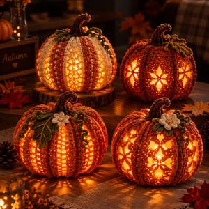 Puede incluir: Cuatro calabazas de ganchillo en tonos naranja y marrón, cada una con intrincados patrones calados y un tallo marrón oscuro. Dos calabazas están adornadas con pequeñas flores y hojas de ganchillo. Cada calabaza brilla desde su interior.