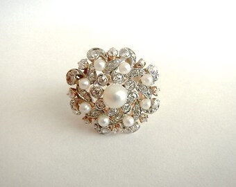 Antique 14kt Diamond & Pearl Ring Ornate Detail Stunning!